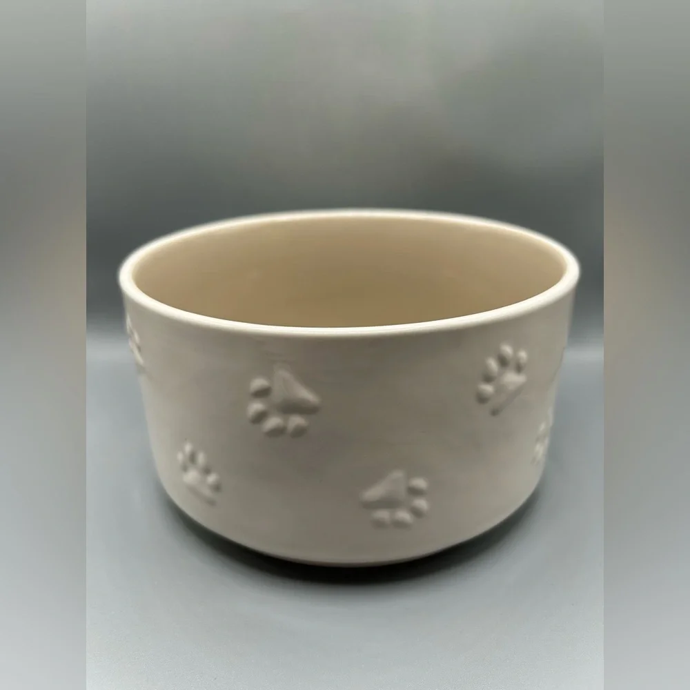 Rae Dunn FOOD Pet Dog Bowl With Paw Prints And Tan Details Classic Farmhouse NEW